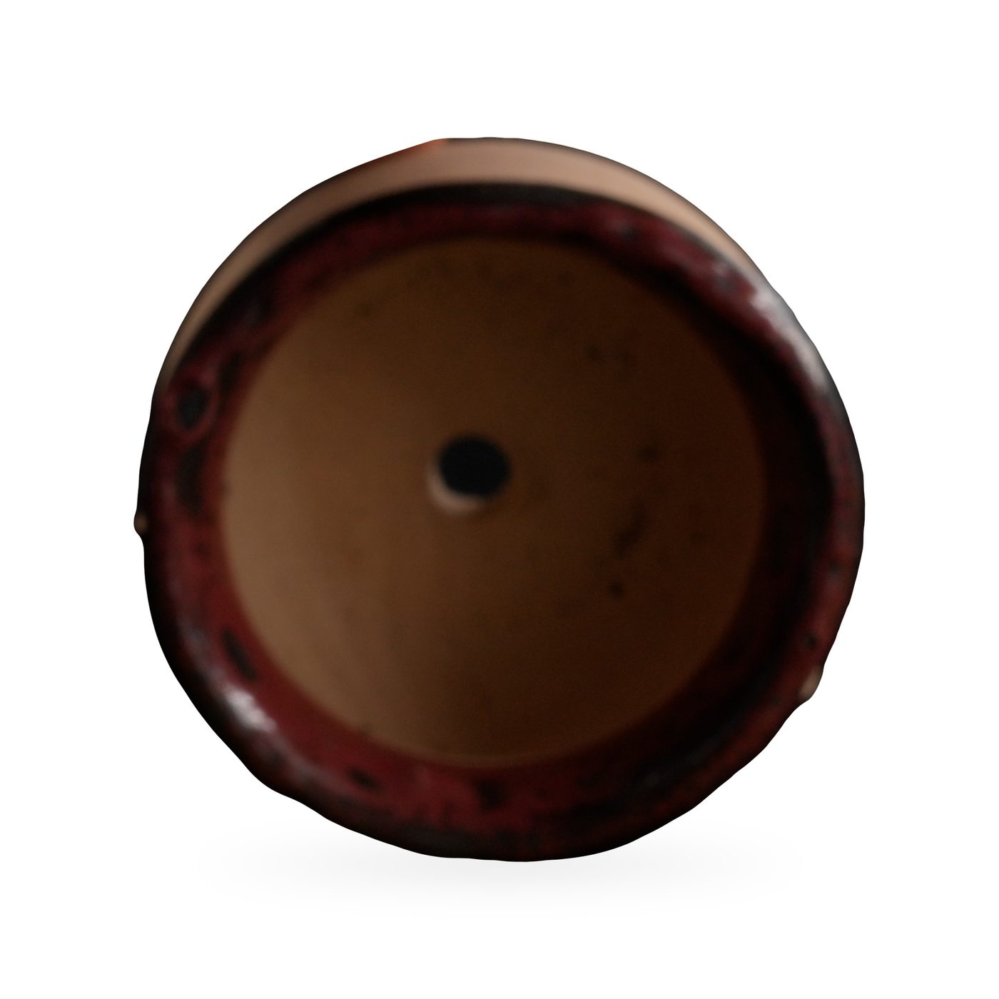 Small sand-coloured ribbed clay bowl pot with a glossy red and black glazed rim – view 4