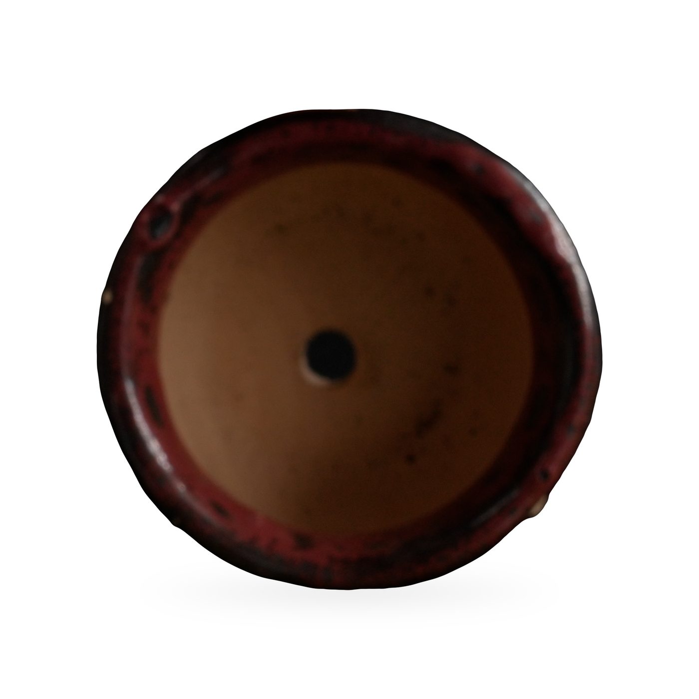 Small sand-coloured ribbed clay bowl pot with a glossy red and black glazed rim – view 3