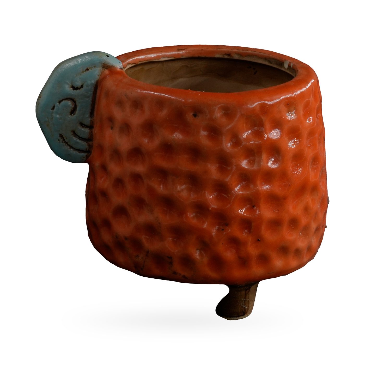 Orange dimpled footed pot with a light-blue cloud-swirl tab and yellow-winged dragonfly – view 2