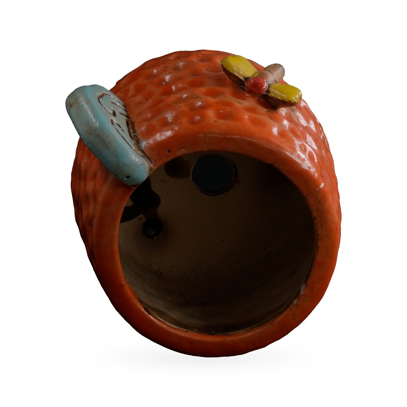 Orange dimpled footed pot with a light-blue cloud-swirl tab and yellow-winged dragonfly – view 3