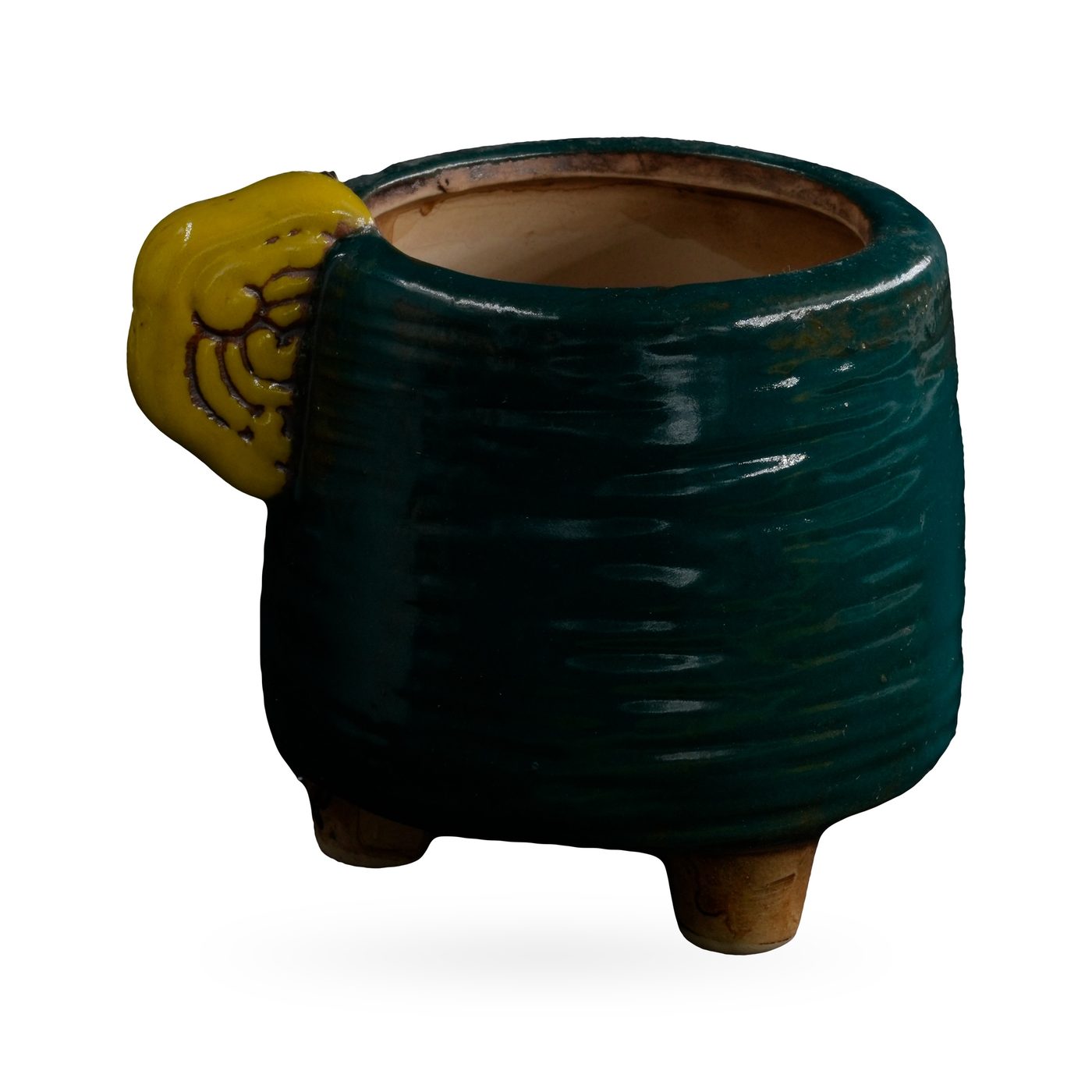 Dark green combed-texture footed pot with a yellow cloud-swirl tab and red ladybird – view 2