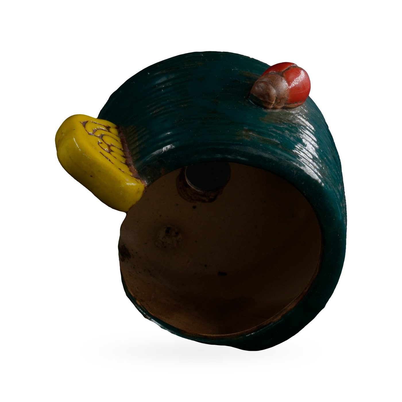 Dark green combed-texture footed pot with a yellow cloud-swirl tab and red ladybird – view 3