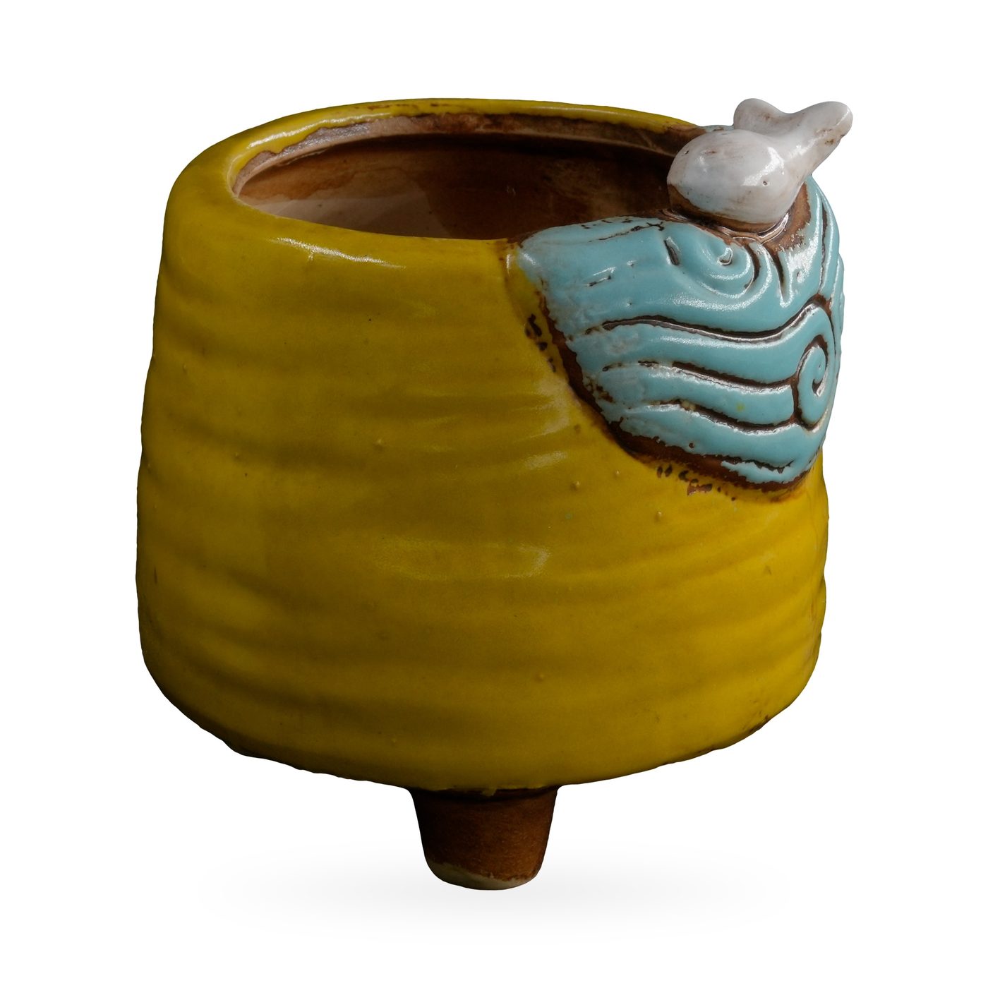 Yellow ribbed footed pot with a light-blue wave panel and small white bird on the rim – view 2