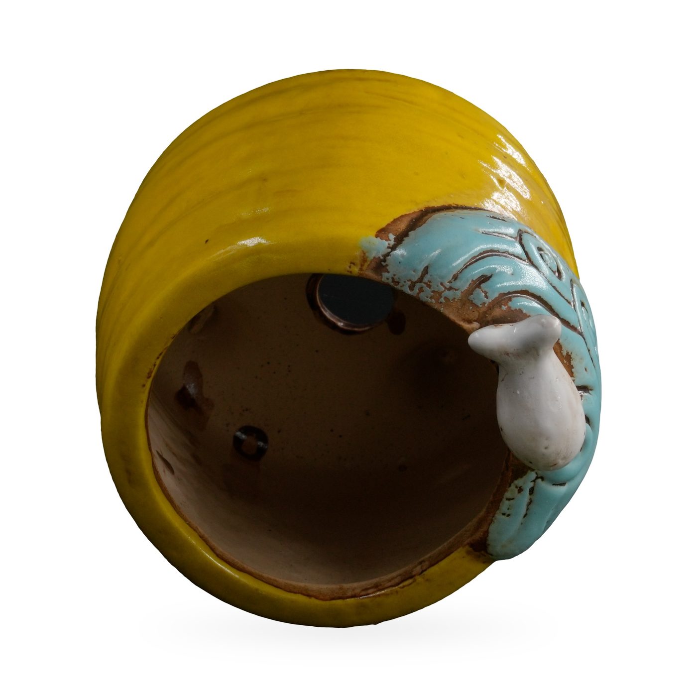 Yellow ribbed footed pot with a light-blue wave panel and small white bird on the rim – view 3