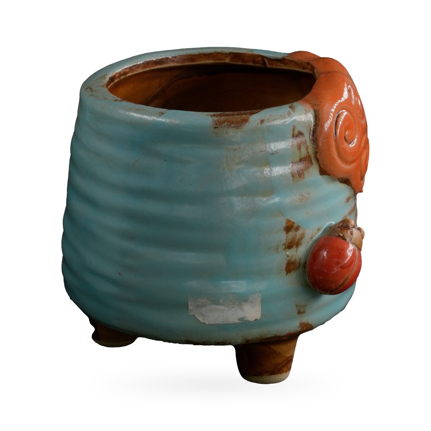 Light-blue ribbed footed pot with an orange cloud-swirl panel and red ladybird – view 2