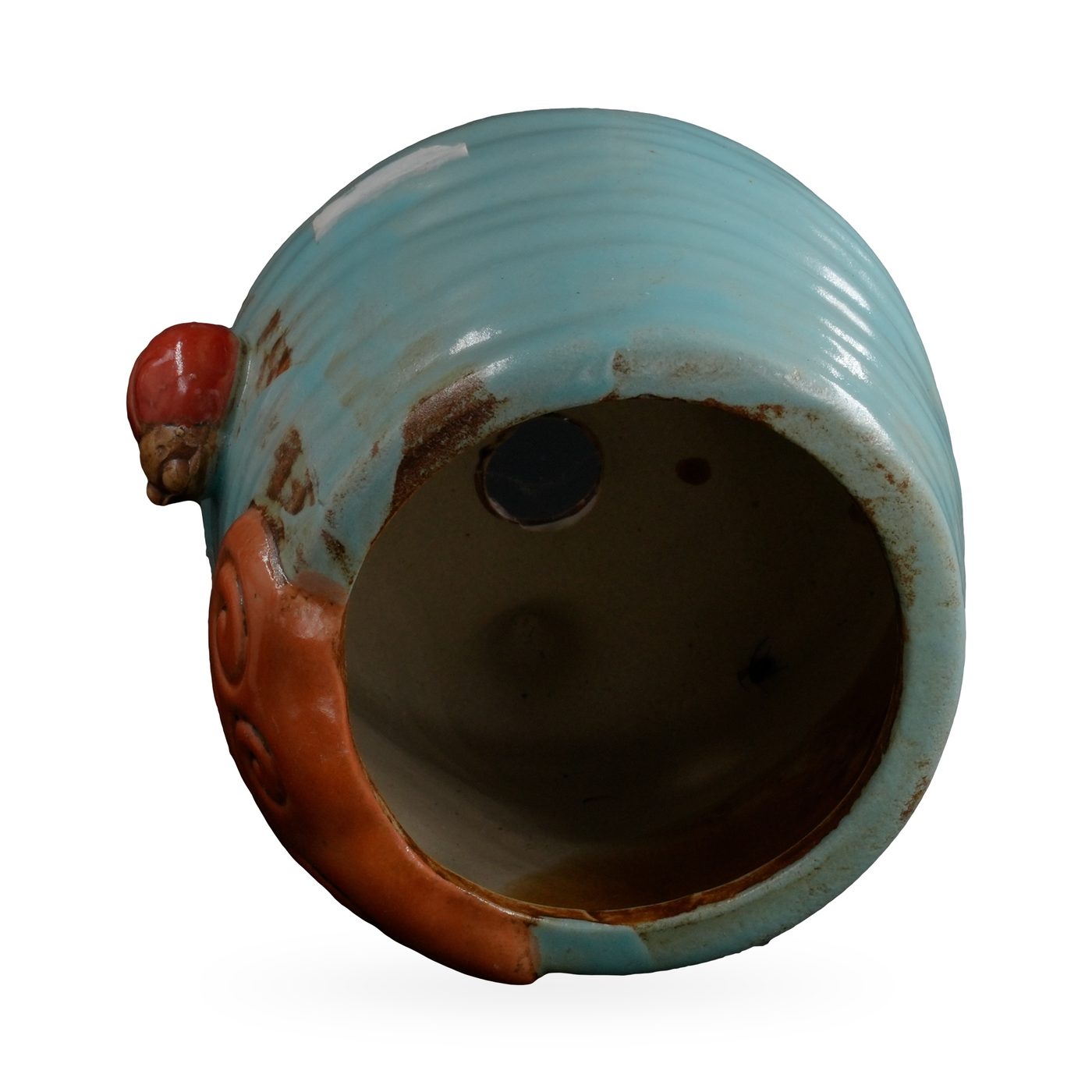 Light-blue ribbed footed pot with an orange cloud-swirl panel and red ladybird – view 3