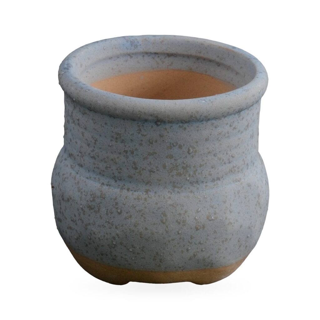 Small grey speckled matte pot with rolled rim and exposed terracotta-coloured base