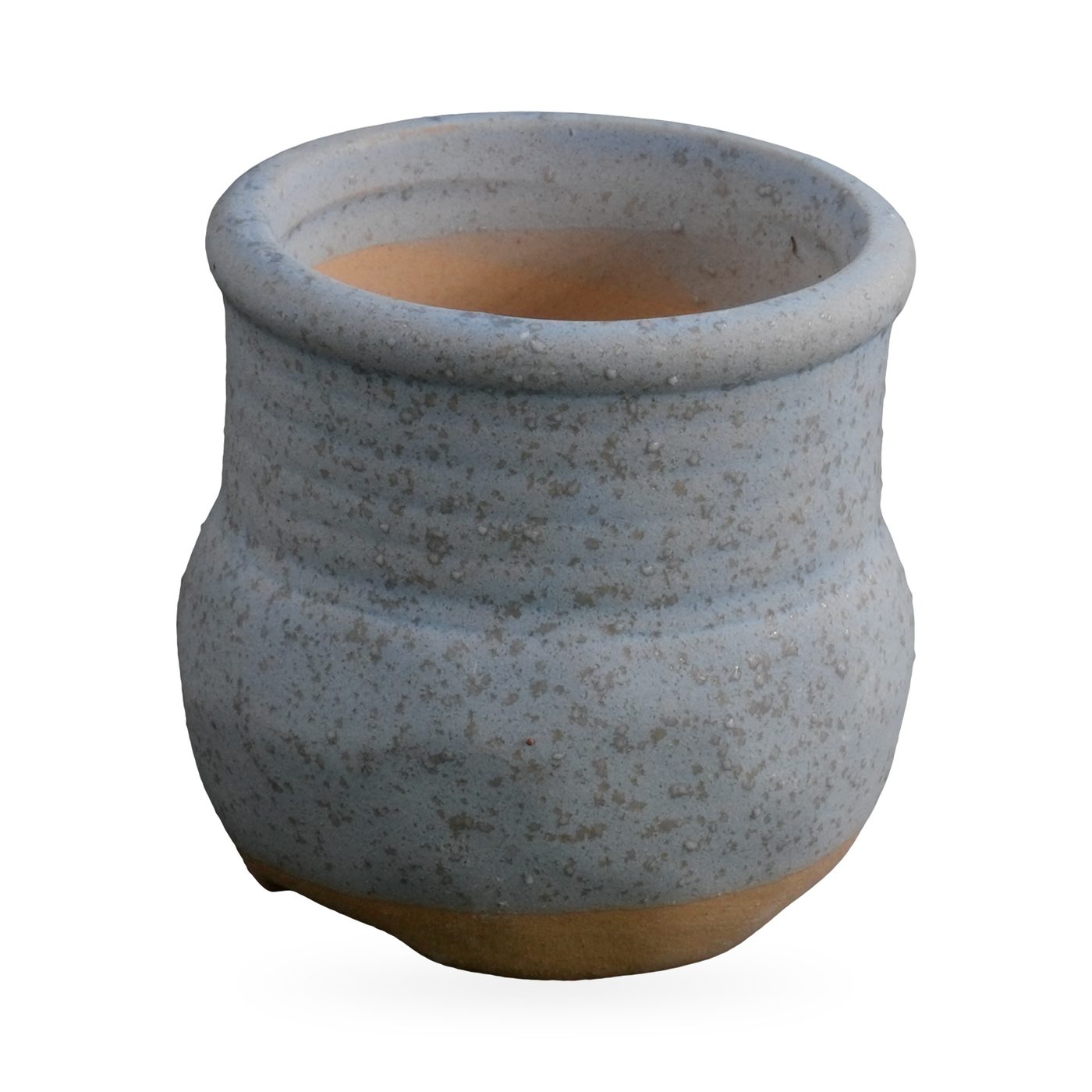 Small grey speckled matte pot with rolled rim and exposed terracotta-coloured base – view 2