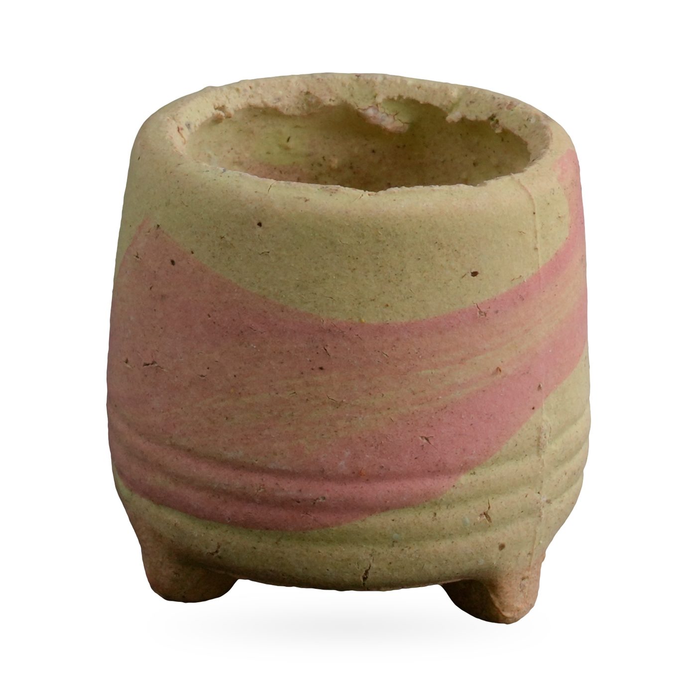 Mini footed pot with a sandy texture and pink and pale yellow marbled swirl – view 2