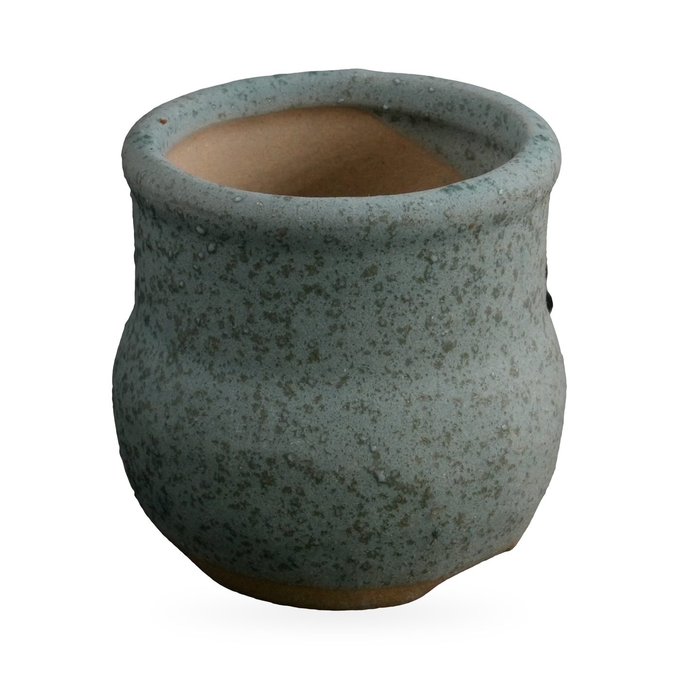 Small sage-green speckled matte pot with rolled rim and exposed clay base – view 2