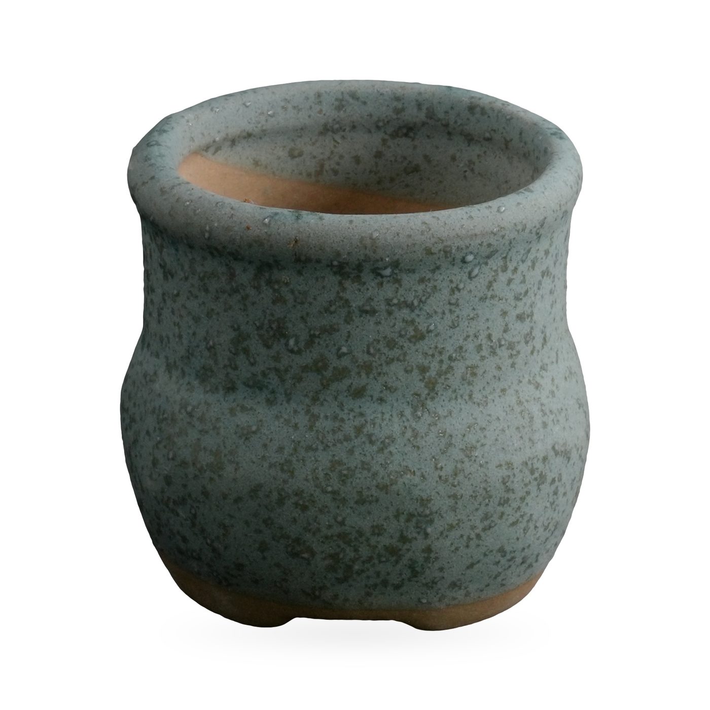 Small sage-green speckled matte pot with rolled rim and exposed clay base