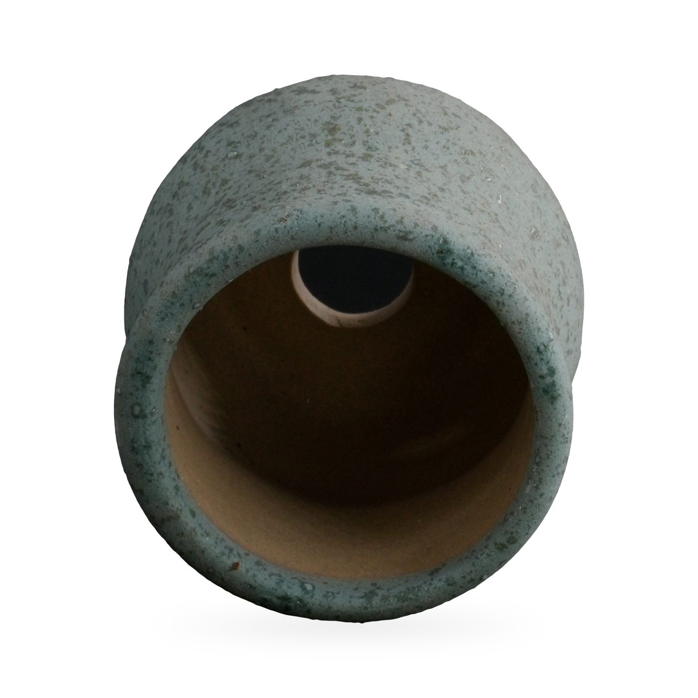 Small sage-green speckled matte pot with rolled rim and exposed clay base – view 3