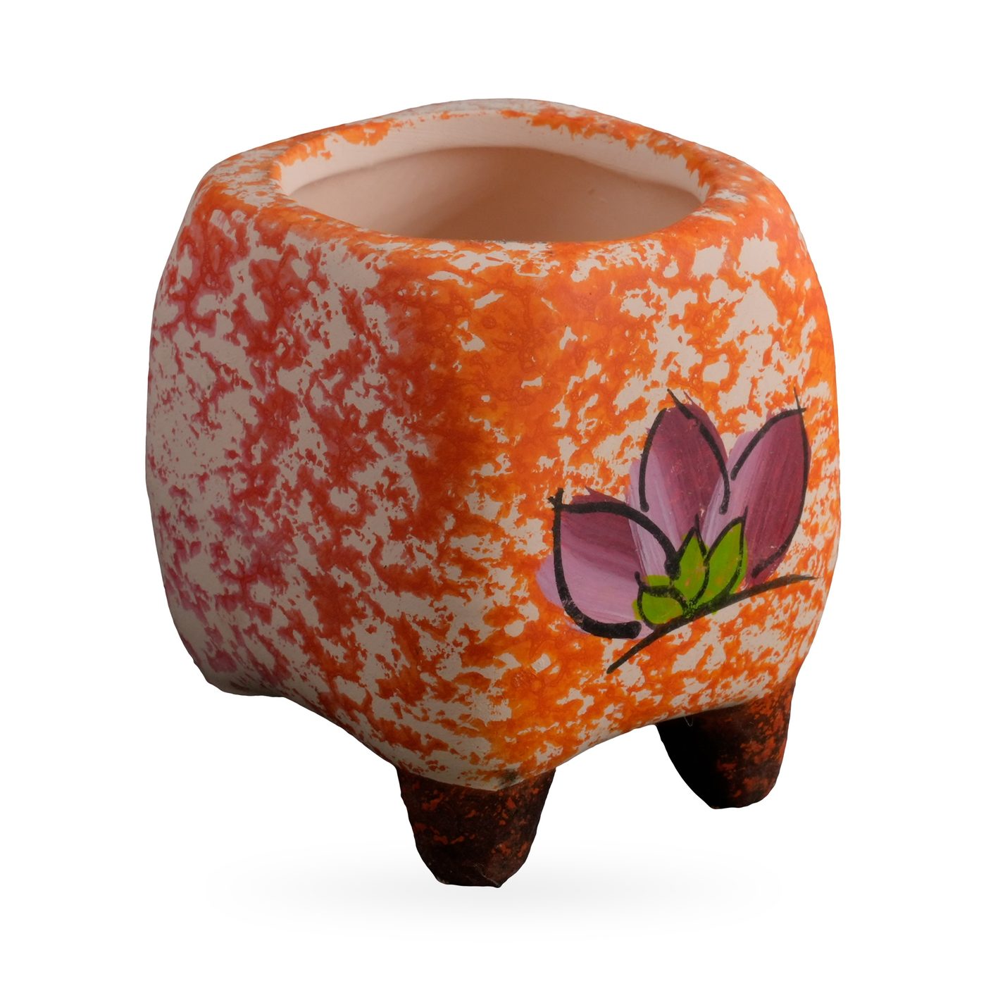 Small square orange speckled pot with a pink-purple flower design on dark-brown feet – view 2