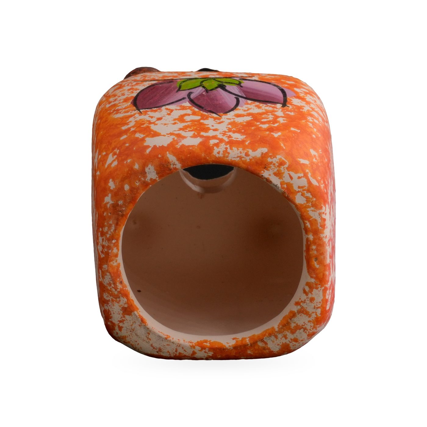 Small square orange speckled pot with a pink-purple flower design on dark-brown feet – view 3