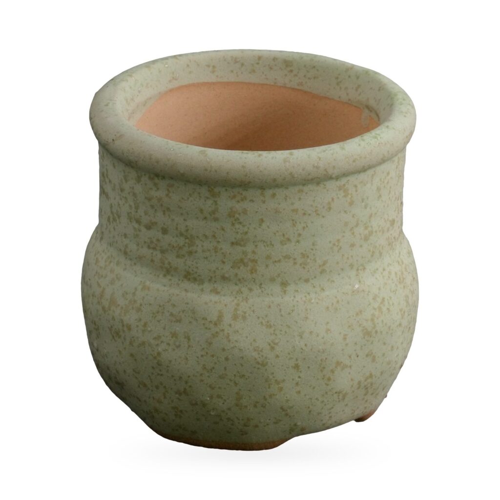 Tiny sage-green speckled pot with a rolled rim and waisted shape, 5×5cm