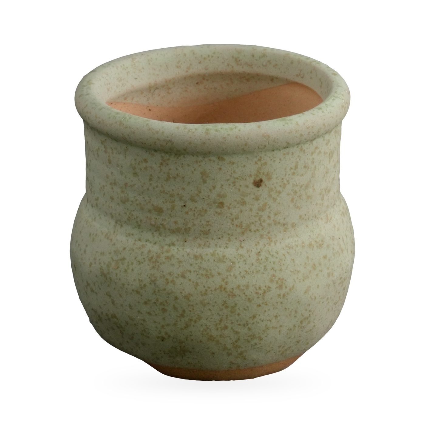 Tiny sage-green speckled pot with a rolled rim and waisted shape, 5×5cm – view 2