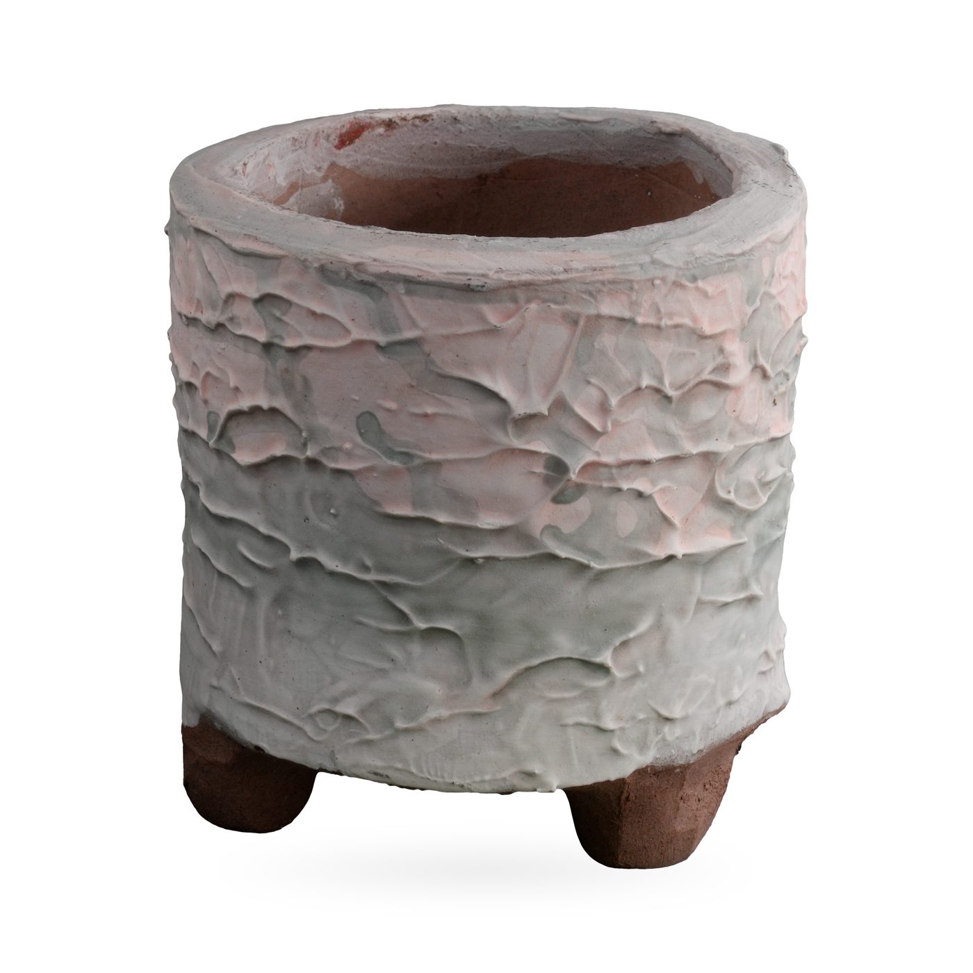 Footed cylinder pot with chalky white and grey bark-texture glaze and blush-pink tones, 10×10cm