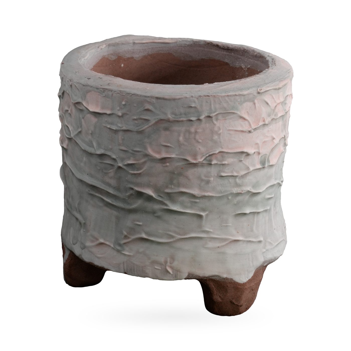 Footed cylinder pot with chalky white and grey bark-texture glaze and blush-pink tones, 10×10cm – view 2
