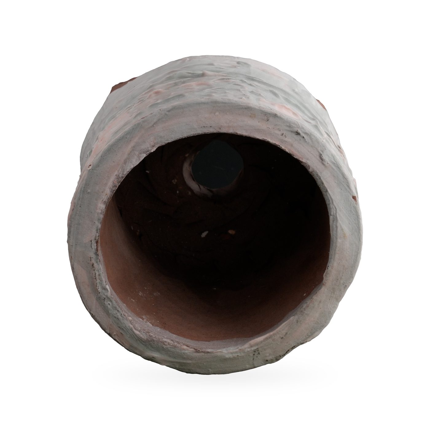 Footed cylinder pot with chalky white and grey bark-texture glaze and blush-pink tones, 10×10cm – view 3