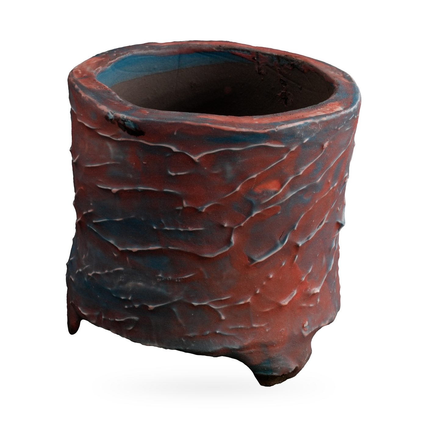Footed cylinder pot with mottled rust-red and slate-blue bark-texture glaze, 10×9.5cm – view 2