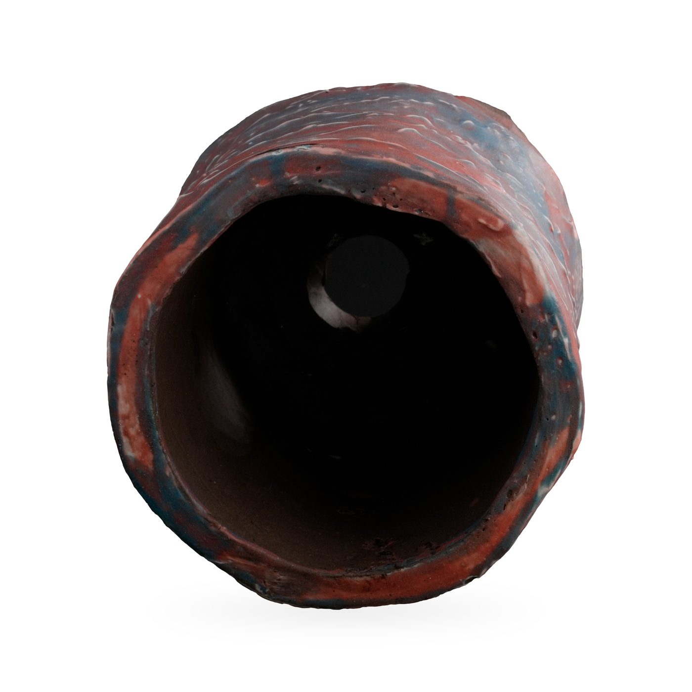 Footed cylinder pot with mottled rust-red and slate-blue bark-texture glaze, 10×9.5cm – view 3