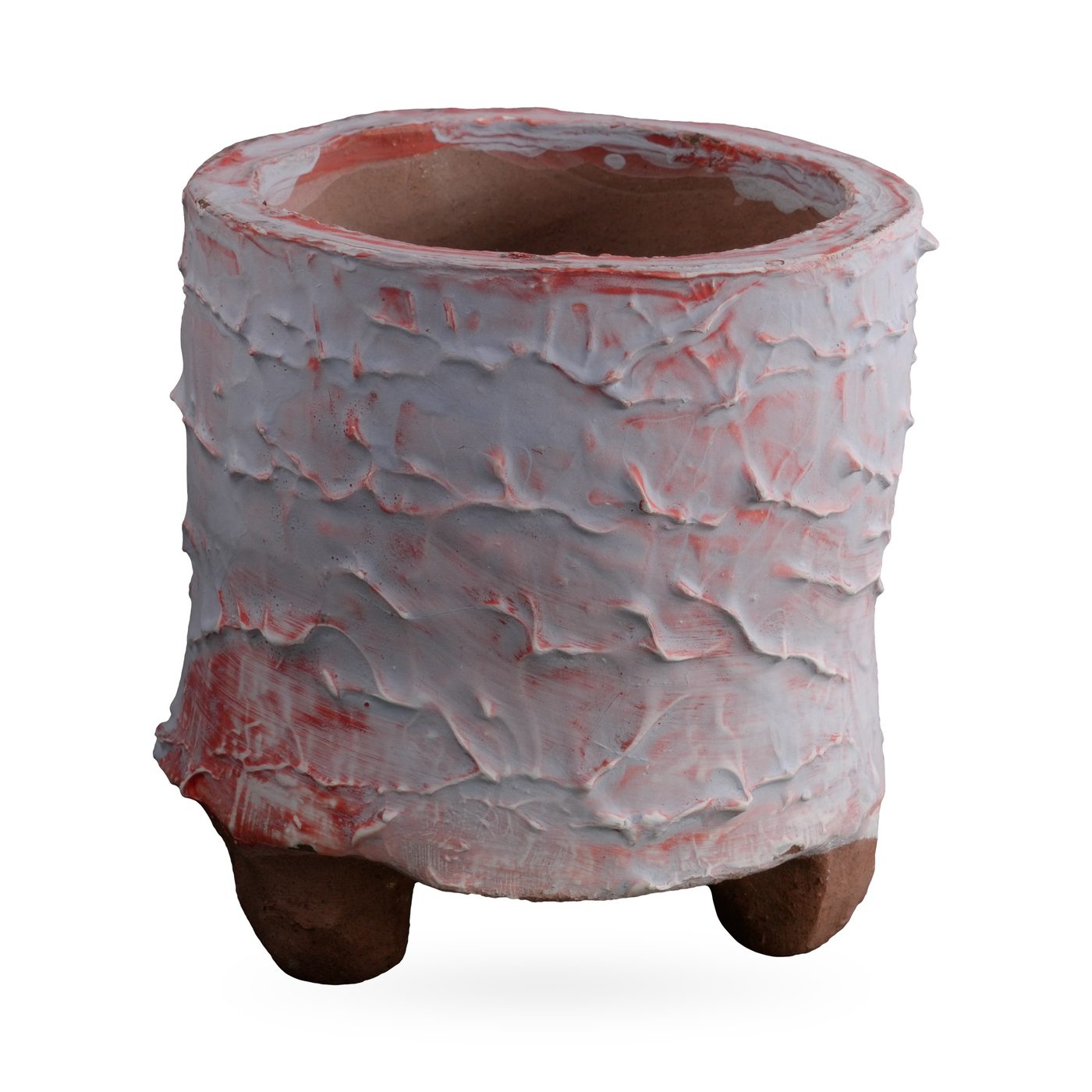 Footed cylinder pot with thick white bark-texture glaze and coral-red patches, 10×9.5cm