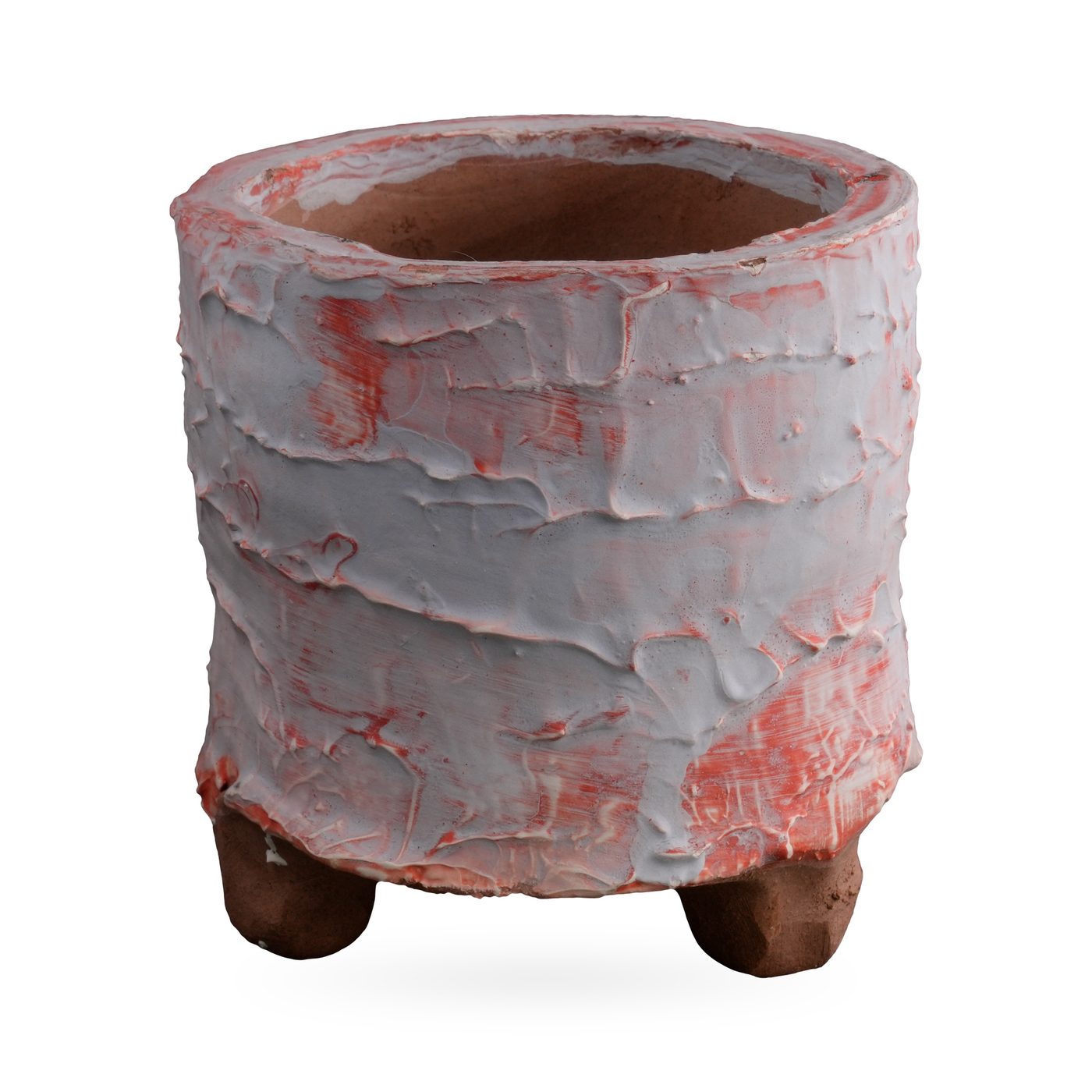 Footed cylinder pot with thick white bark-texture glaze and coral-red patches, 10×9.5cm – view 2