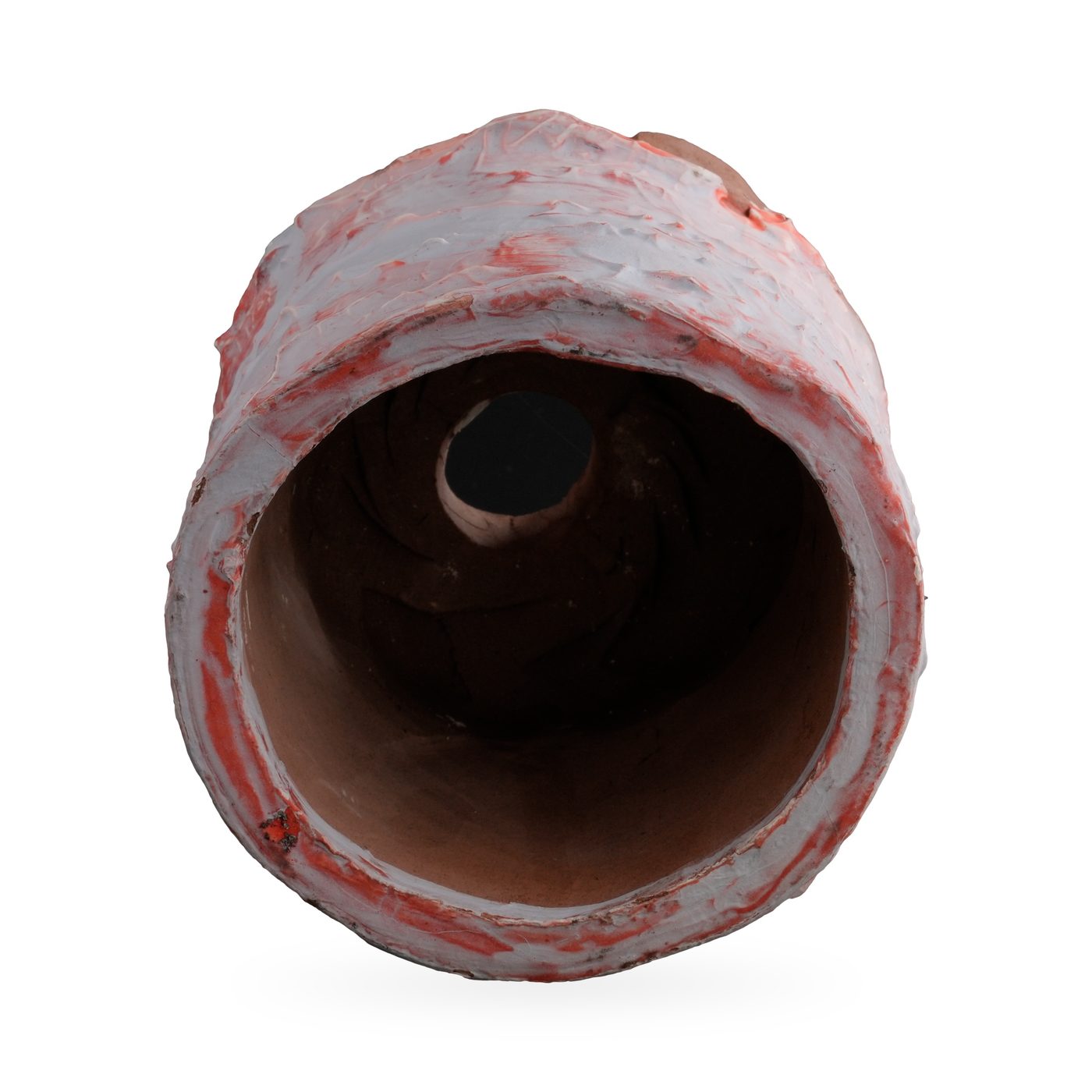 Footed cylinder pot with thick white bark-texture glaze and coral-red patches, 10×9.5cm – view 3