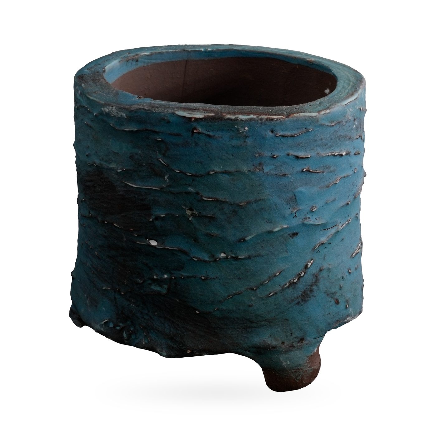 Footed cylinder pot with deep teal-blue bark-texture glaze and dark brown streaks, 9.5×10.5cm