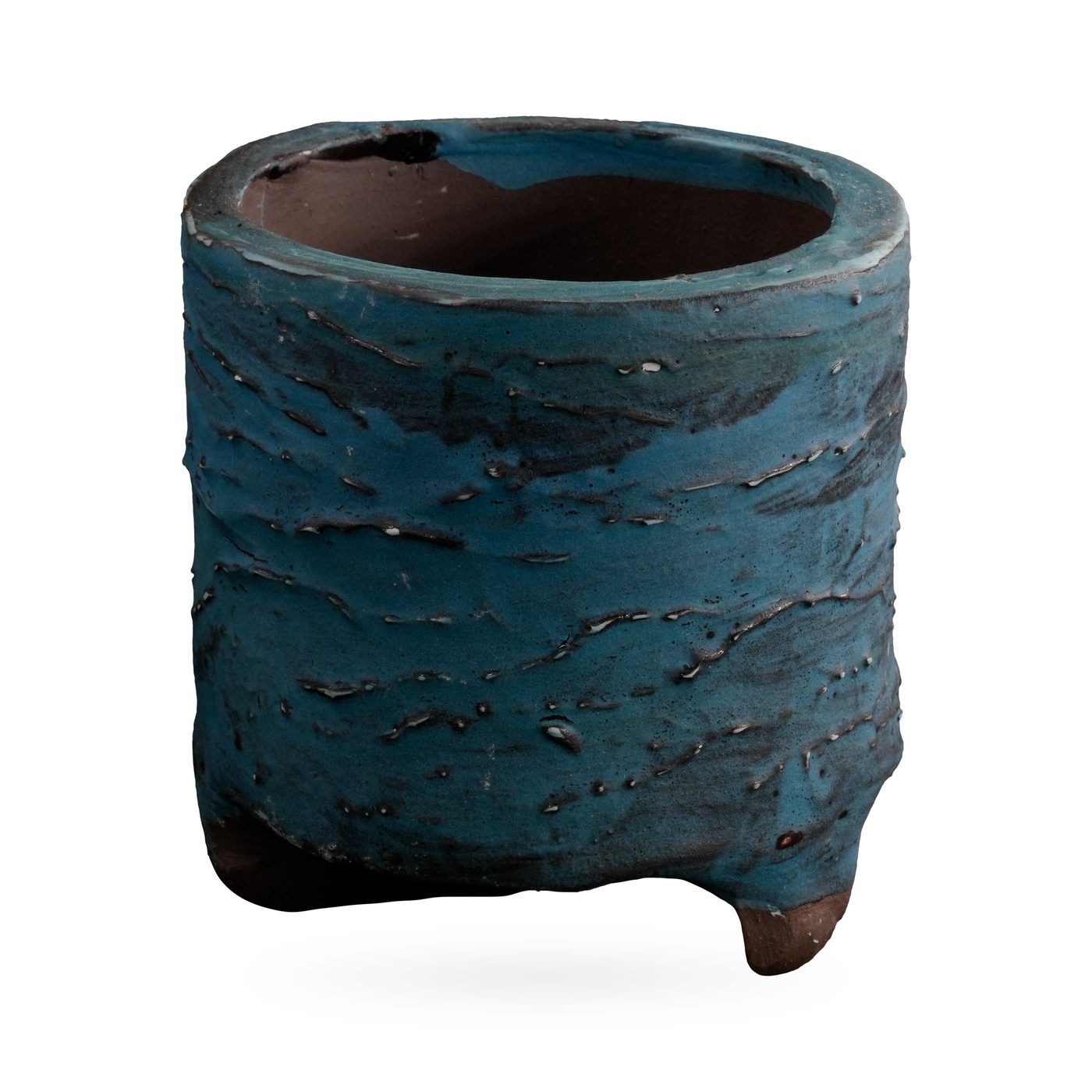 Footed cylinder pot with deep teal-blue bark-texture glaze and dark brown streaks, 9.5×10.5cm – view 2