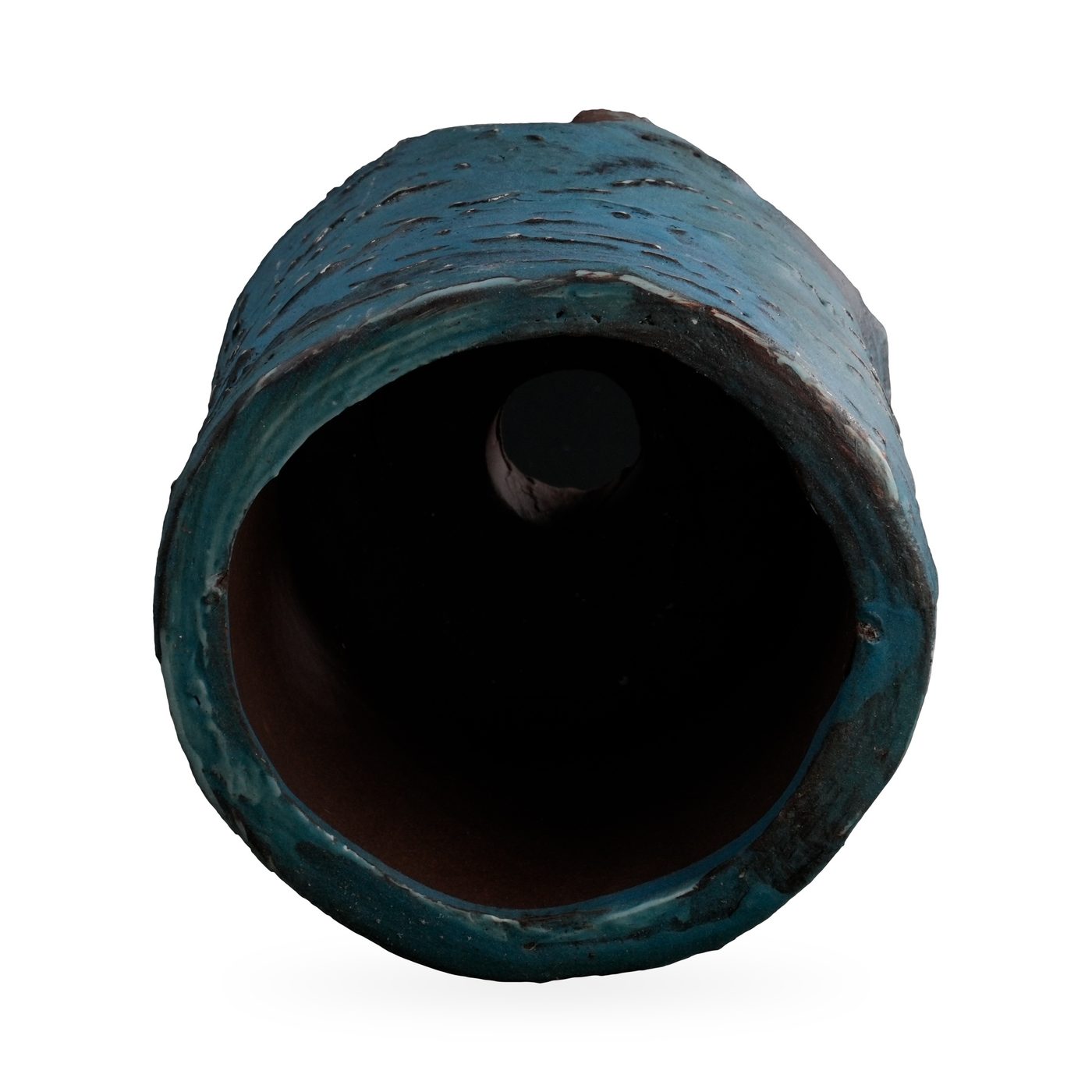 Footed cylinder pot with deep teal-blue bark-texture glaze and dark brown streaks, 9.5×10.5cm – view 3