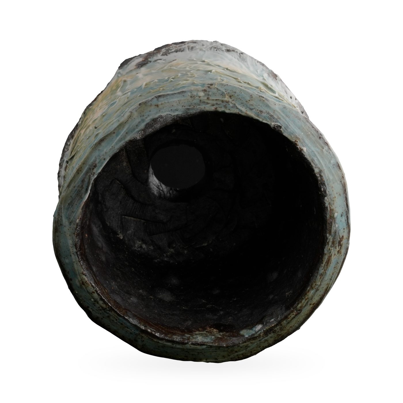 Footed dark-clay cylinder pot with sea-green and ochre bark-texture glaze, 10×9.5cm – view 3