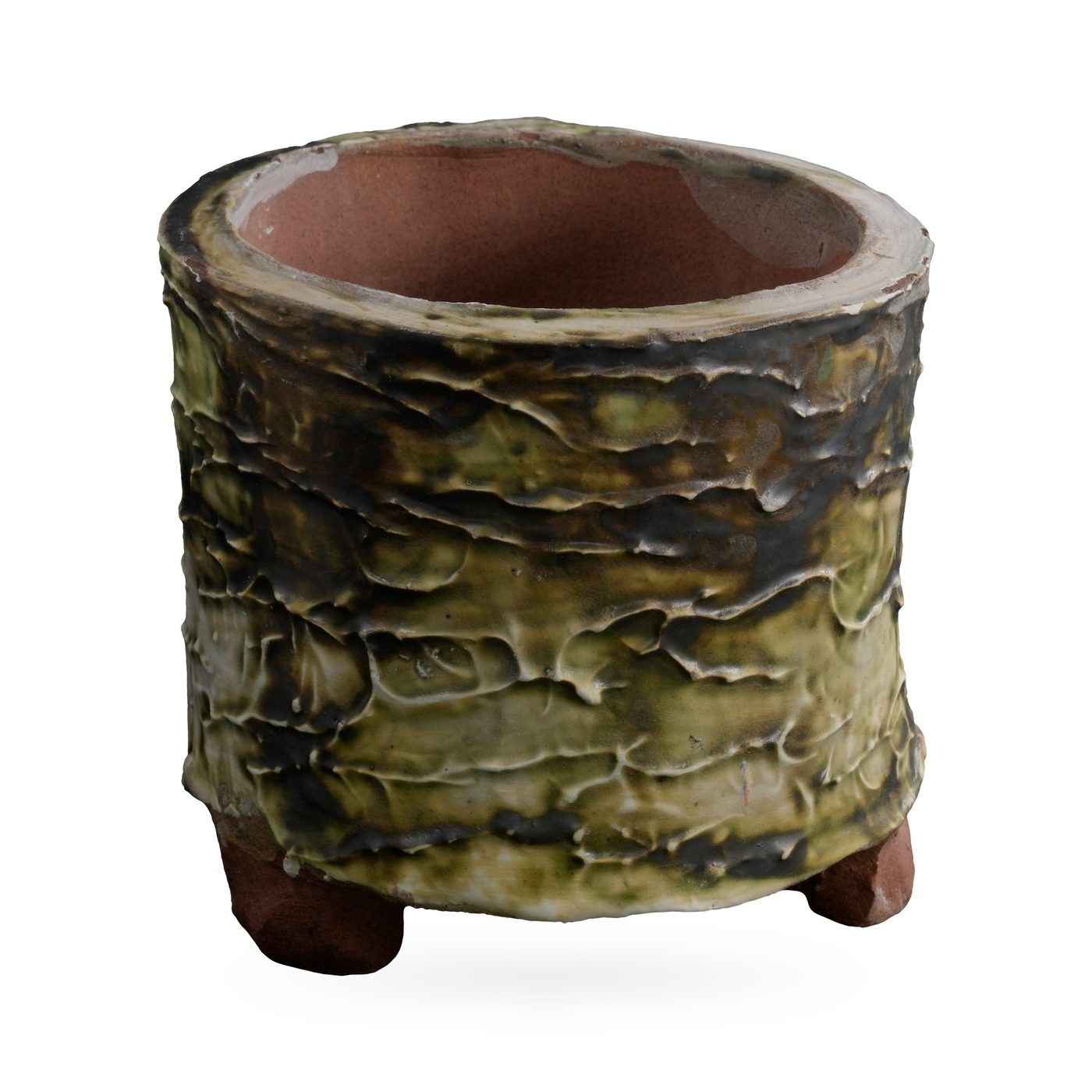 Footed cylinder pot with olive-green and dark brown bark-texture glaze, 10.5×9cm