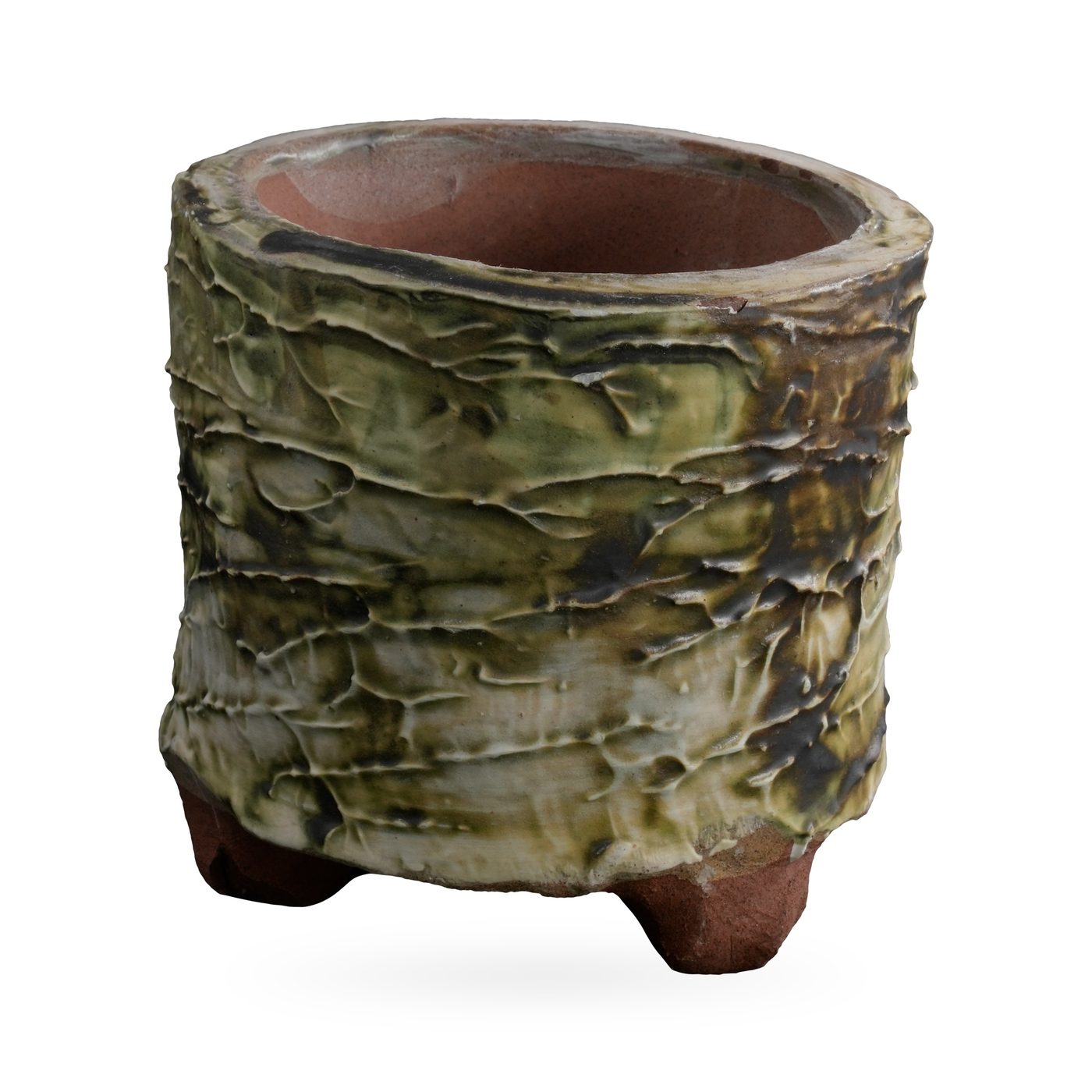 Footed cylinder pot with olive-green and dark brown bark-texture glaze, 10.5×9cm – view 2