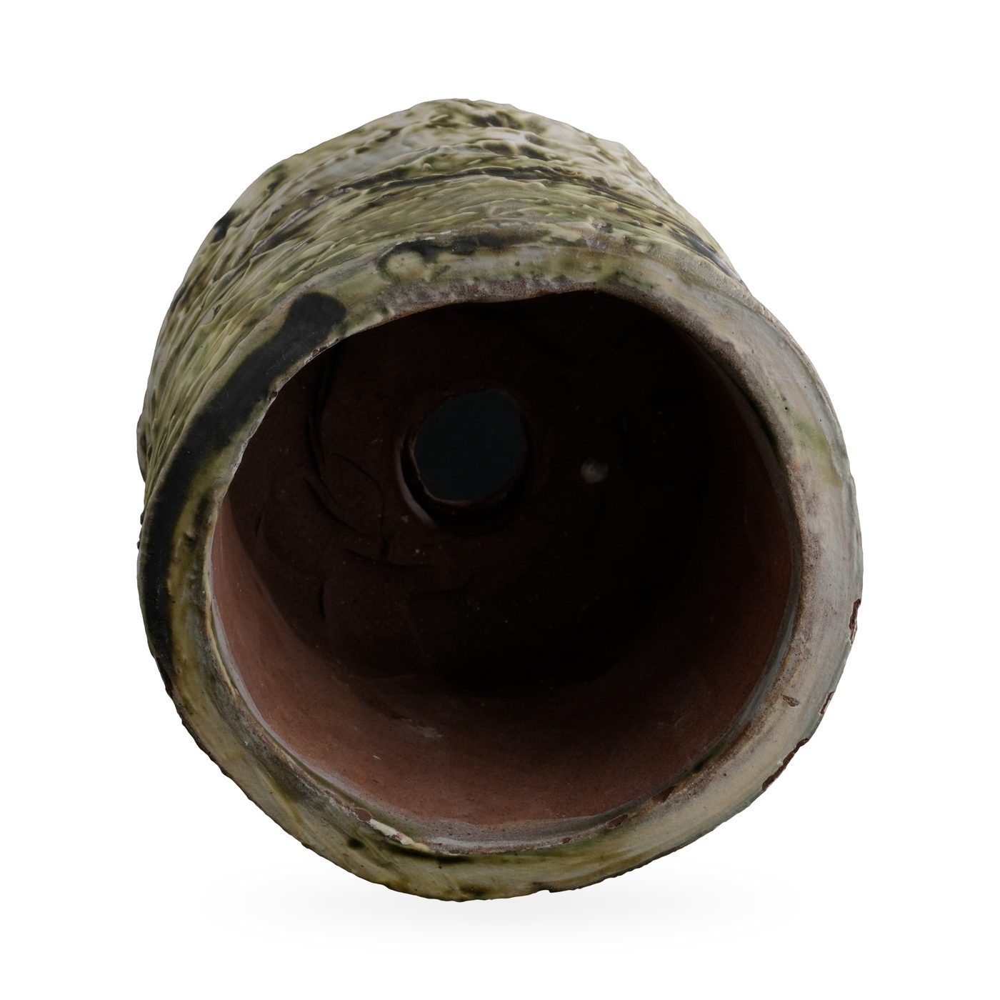 Footed cylinder pot with olive-green and dark brown bark-texture glaze, 10.5×9cm – view 3