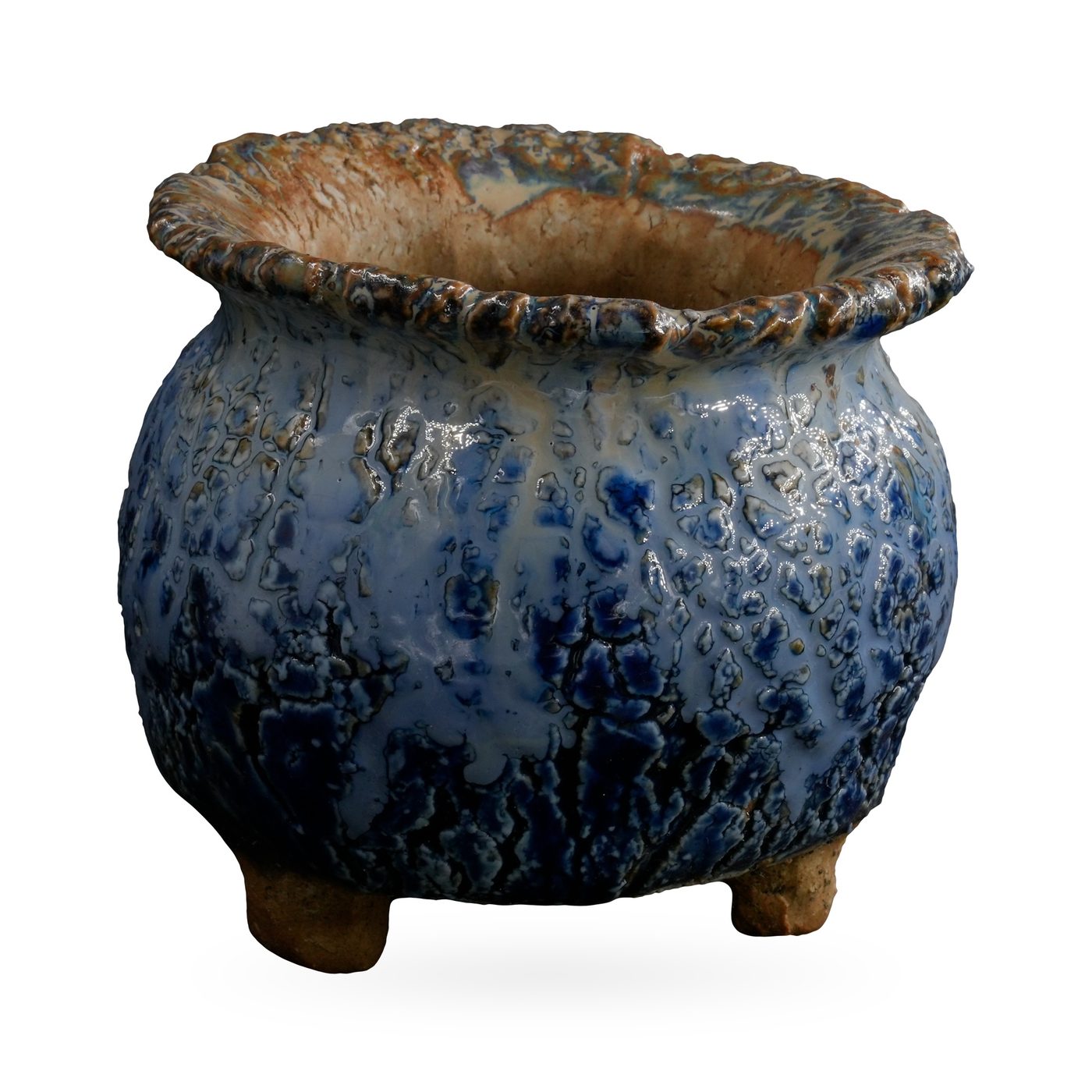 Pot-bellied footed pot with ruffled rim and glossy blue crackle glaze, 9.5×7.5cm