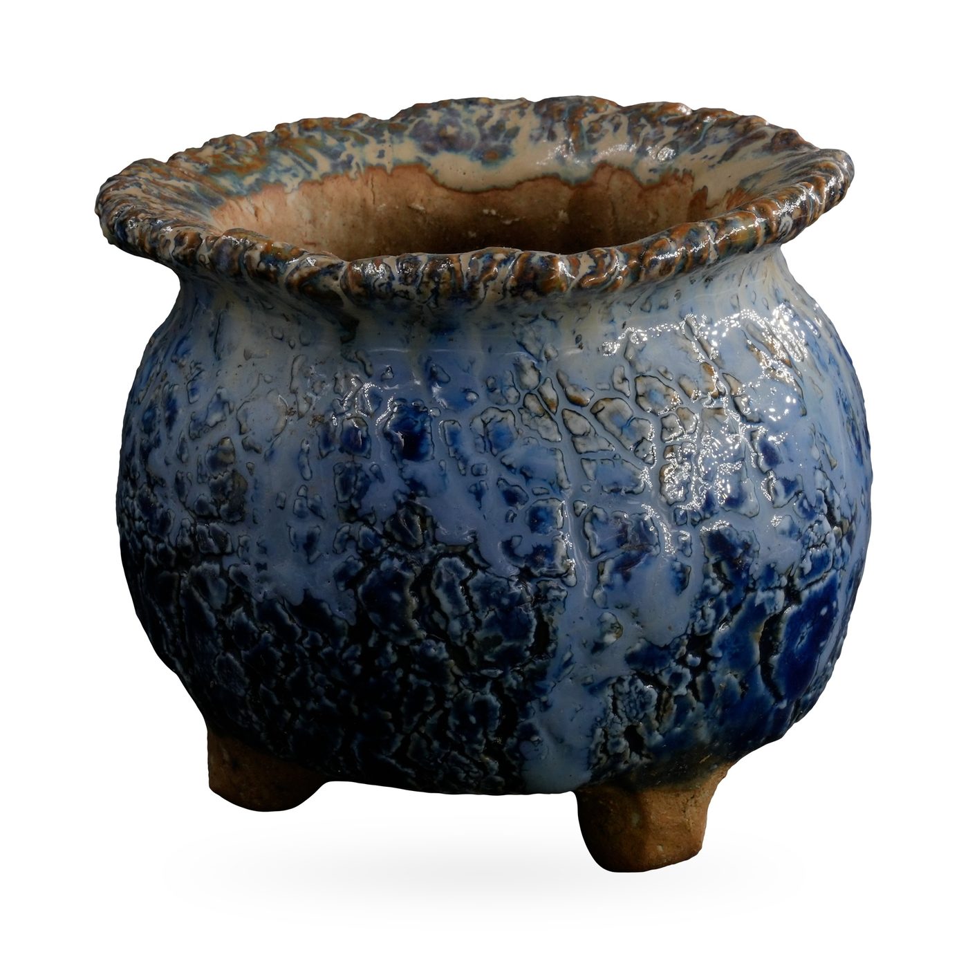 Pot-bellied footed pot with ruffled rim and glossy blue crackle glaze, 9.5×7.5cm – view 2