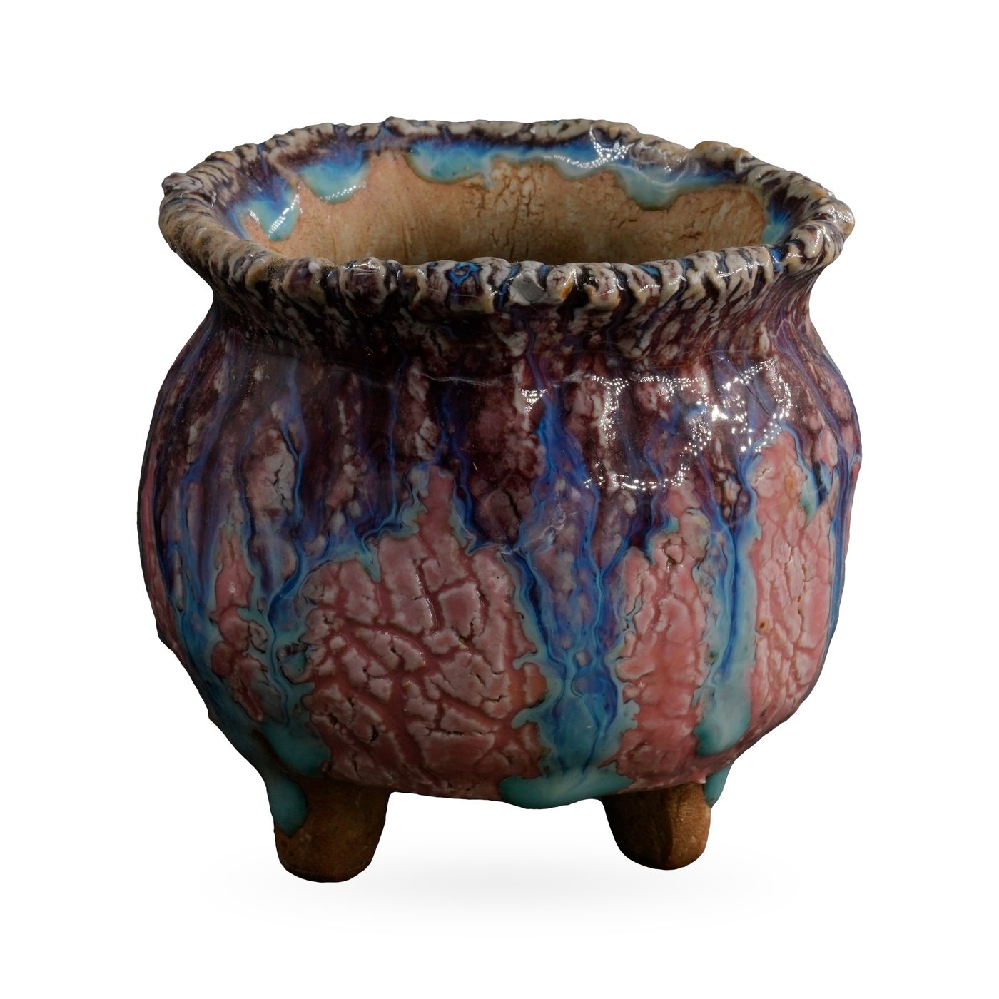 Pink crackle-glaze footed pot with blue and turquoise drips and a ruffled cream rim, 9.5×8.5cm