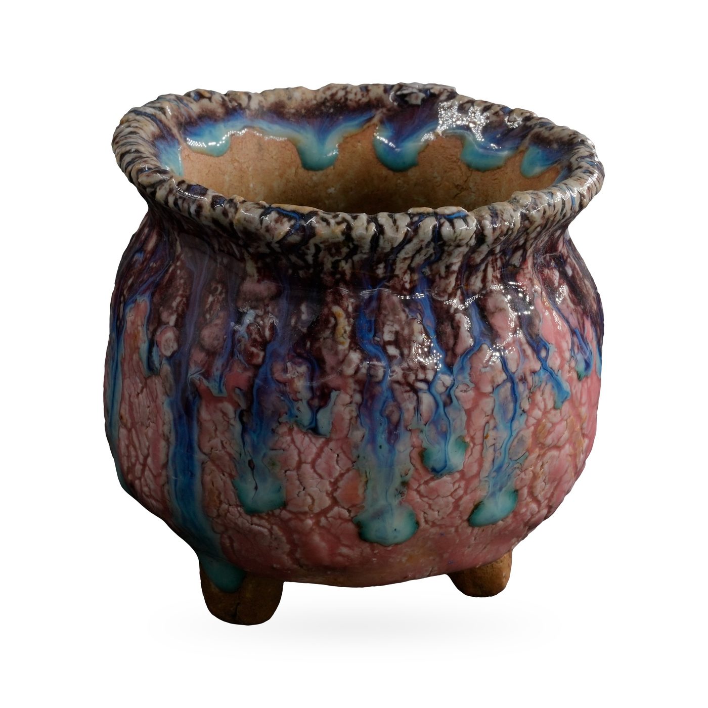 Pink crackle-glaze footed pot with blue and turquoise drips and a ruffled cream rim, 9.5×8.5cm – view 2