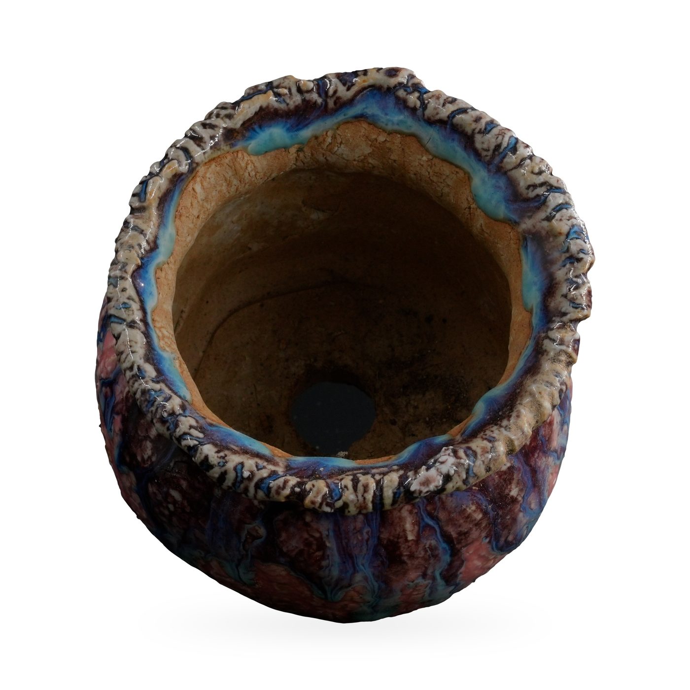 Pink crackle-glaze footed pot with blue and turquoise drips and a ruffled cream rim, 9.5×8.5cm – view 3