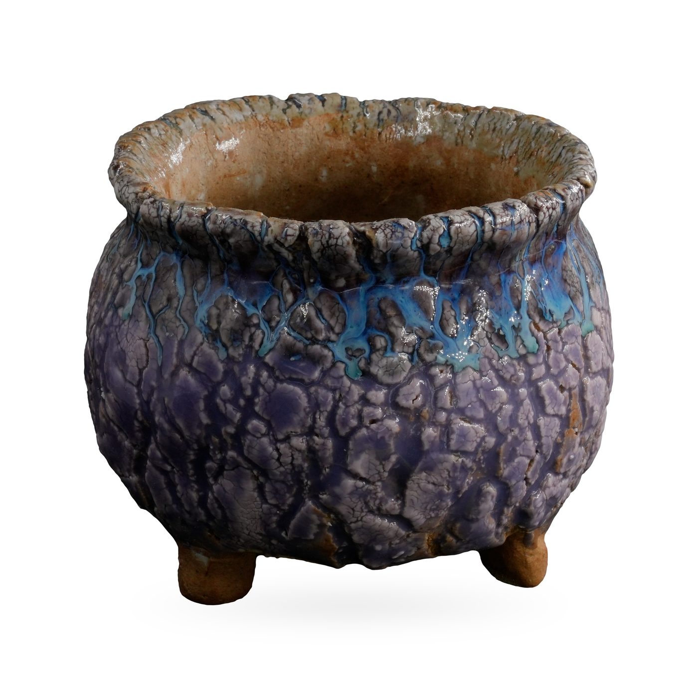 Lavender-purple crackle-glaze footed pot with a turquoise band and ruffled grey-blue rim, 10×8cm