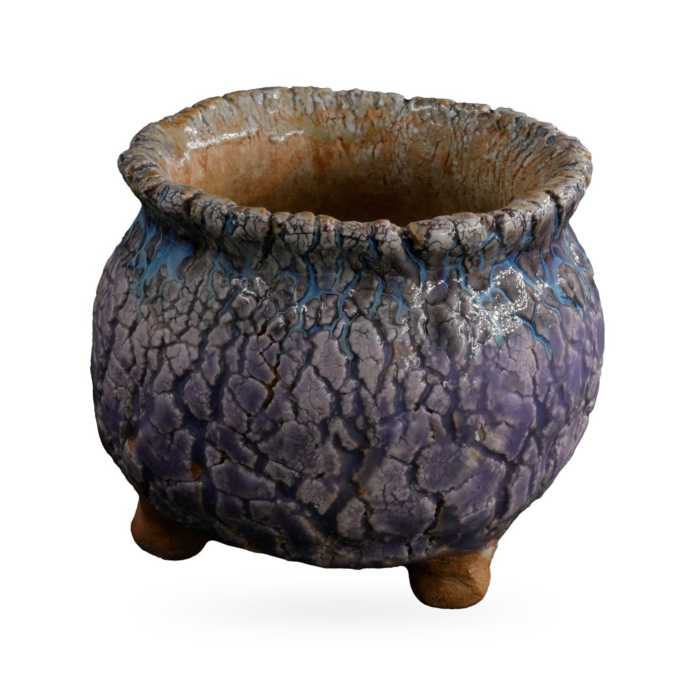 Lavender-purple crackle-glaze footed pot with a turquoise band and ruffled grey-blue rim, 10×8cm – view 2