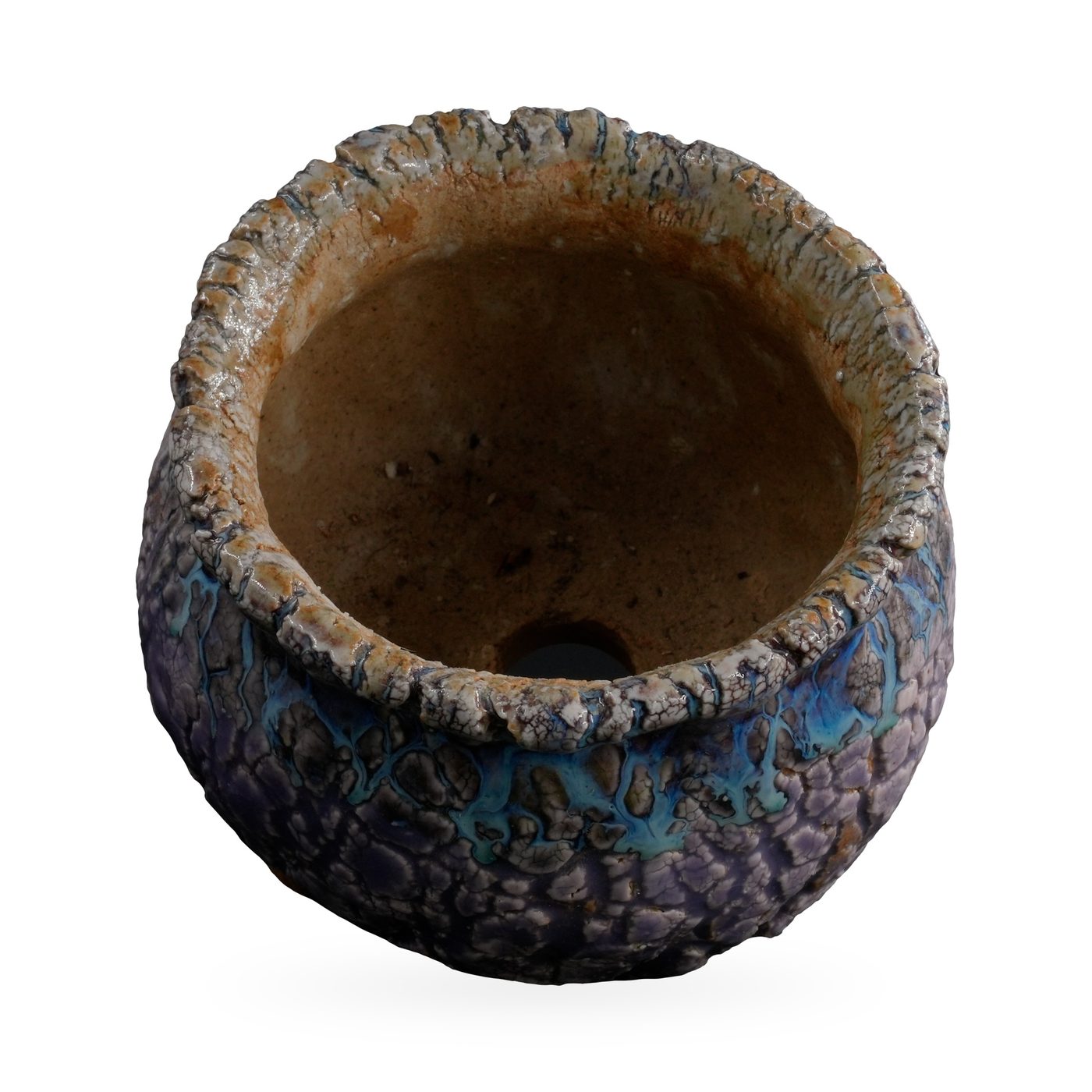 Lavender-purple crackle-glaze footed pot with a turquoise band and ruffled grey-blue rim, 10×8cm – view 3