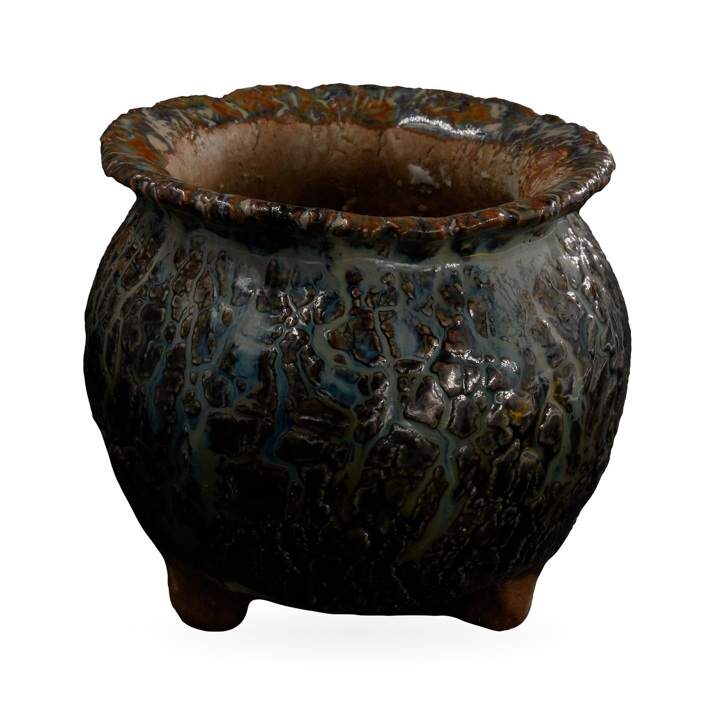 Glossy black crackle-glaze footed pot with a ruffled rust-brown and cream rim, 9.5×7.5cm