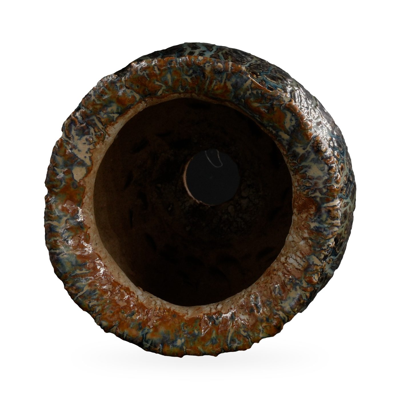 Glossy black crackle-glaze footed pot with a ruffled rust-brown and cream rim, 9.5×7.5cm – view 3