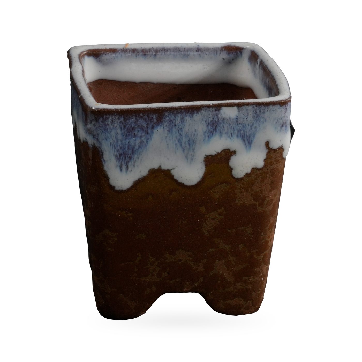 Square brown footed pot with a blue-streaked white drip-glaze rim, 6×6.5cm