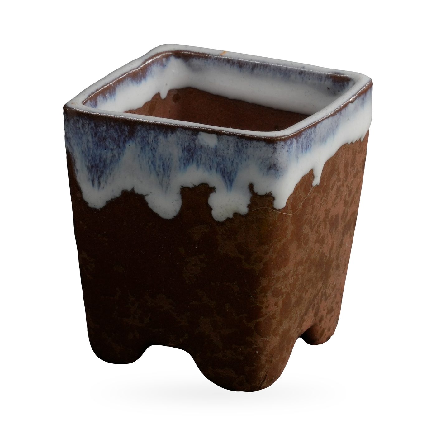 Square brown footed pot with a blue-streaked white drip-glaze rim, 6×6.5cm – view 2