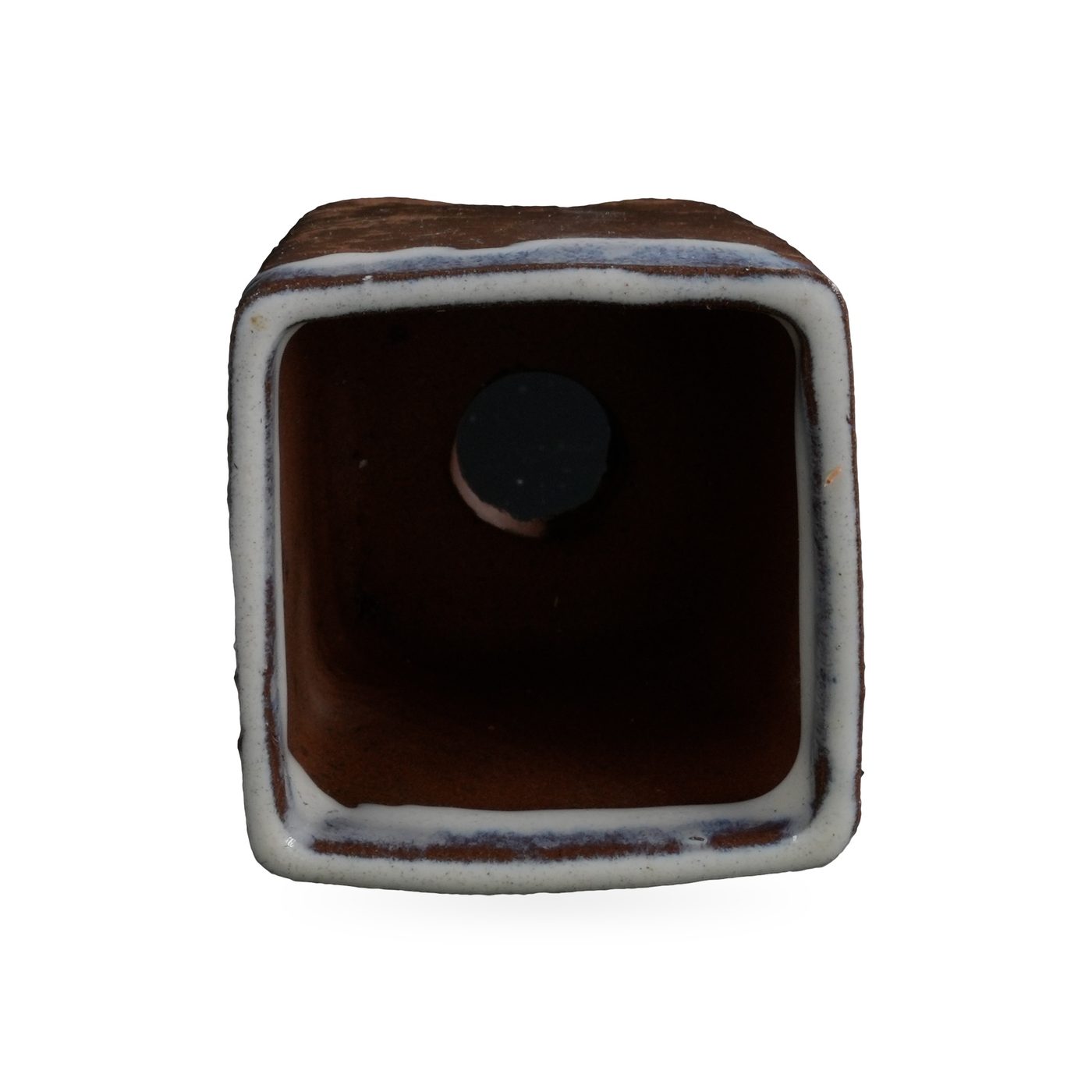 Square brown footed pot with a blue-streaked white drip-glaze rim, 6×6.5cm – view 3
