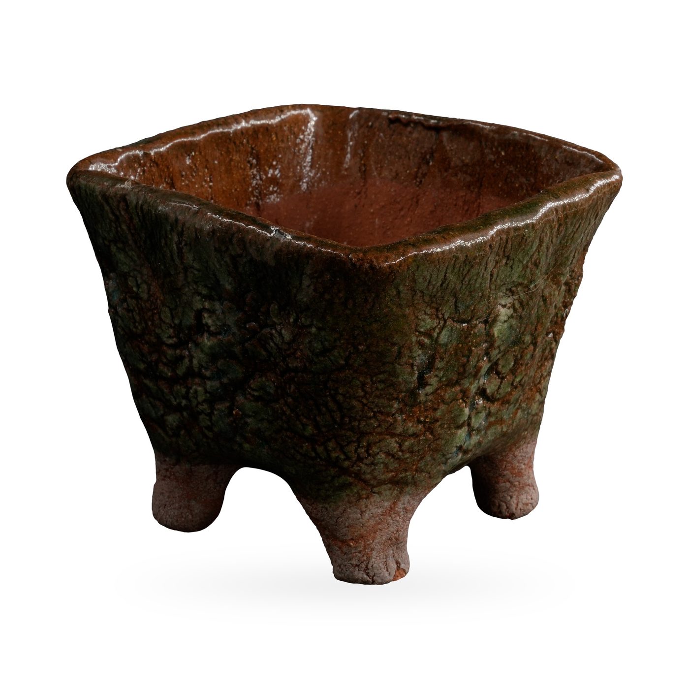 Square green crackle-glaze pot on unglazed terracotta feet, 11×8.5cm – view 2