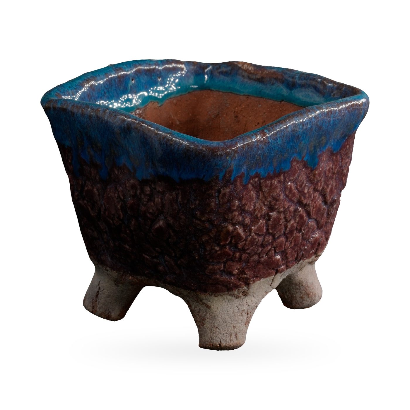 Square footed pot with a glossy teal-blue drip rim, textured plum-brown body and pale feet, 10.5×8.5cm – view 2